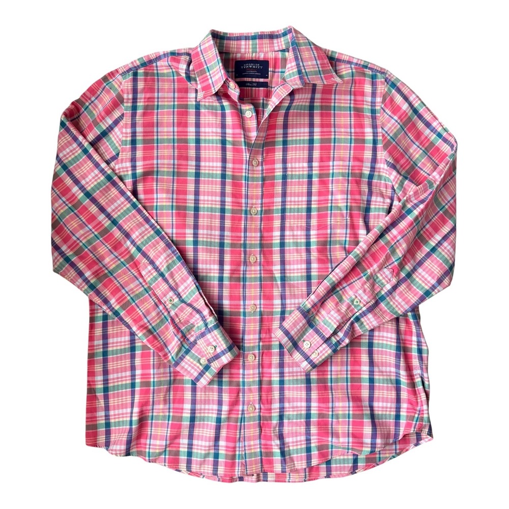 Charles Tyrwhitt Weekend Slim Fit Plaid‎ Button Down Shirt Men's Medium Coral